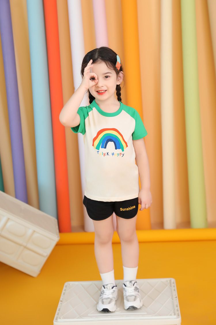 純棉短袖上衣-THINK HAPPY彩虹-米白+綠