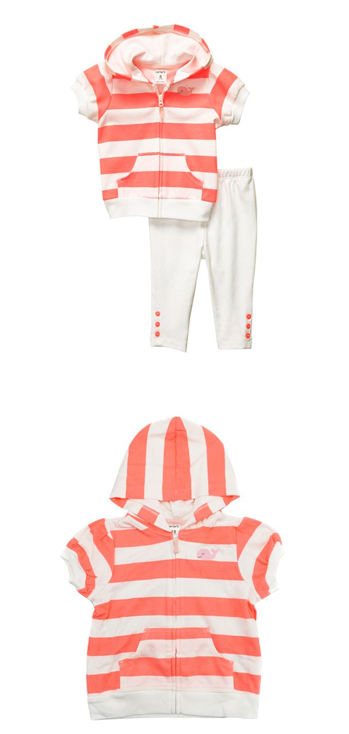 美國 Carter's - 鯨魚刺繡條紋拉鍊連帽短袖+長褲2件組 (24 M)