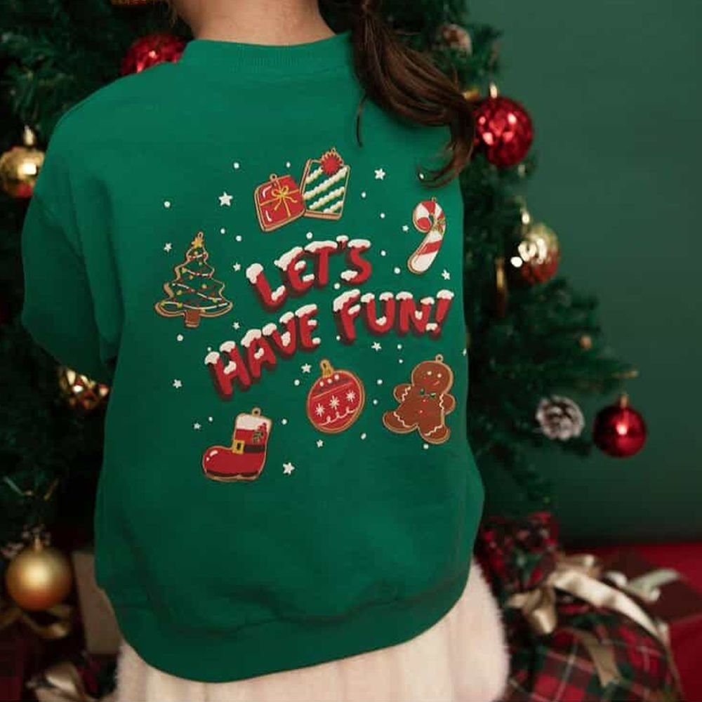 [聖誕限定]純棉裏毛印花長袖上衣-濃綠