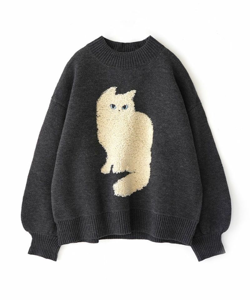 日本 zootie - 貓咪印花短絨拼接毛衣-深灰