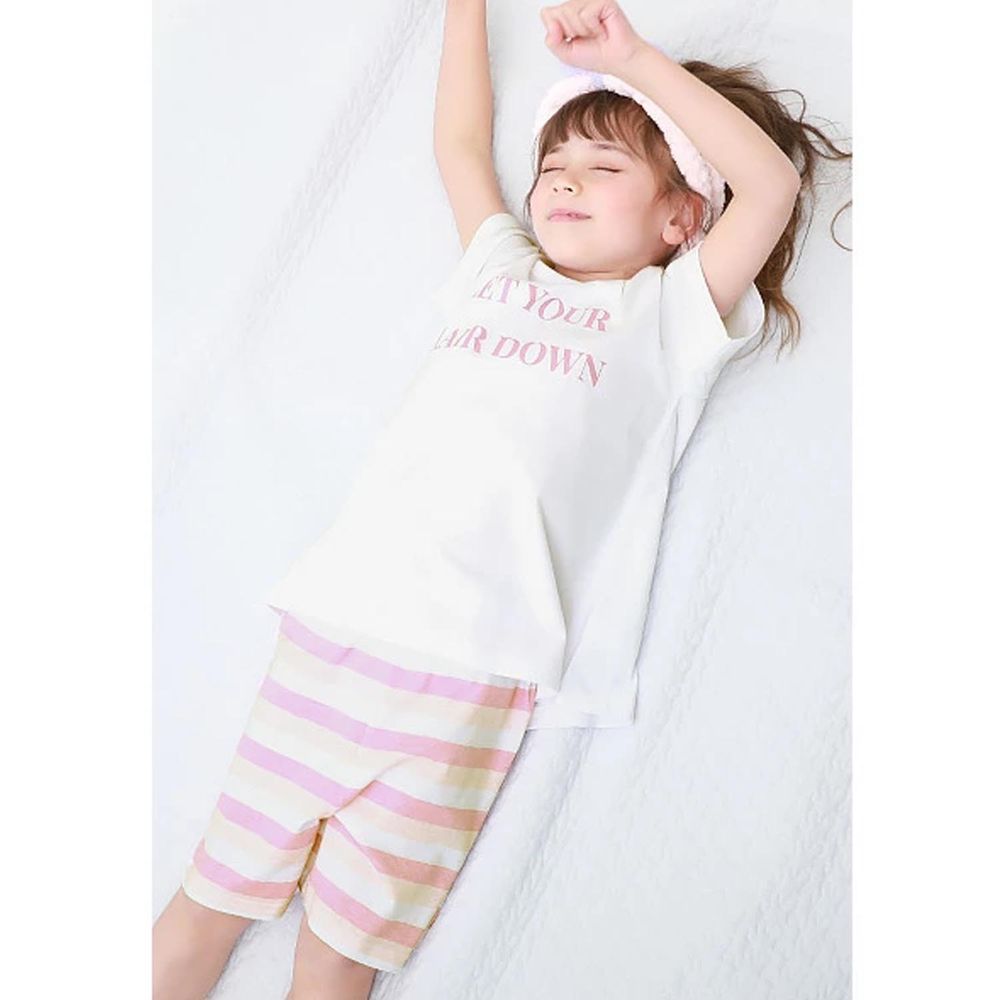 日本 devirock - 純棉舒適短袖家居服/睡衣-標語條紋-白粉