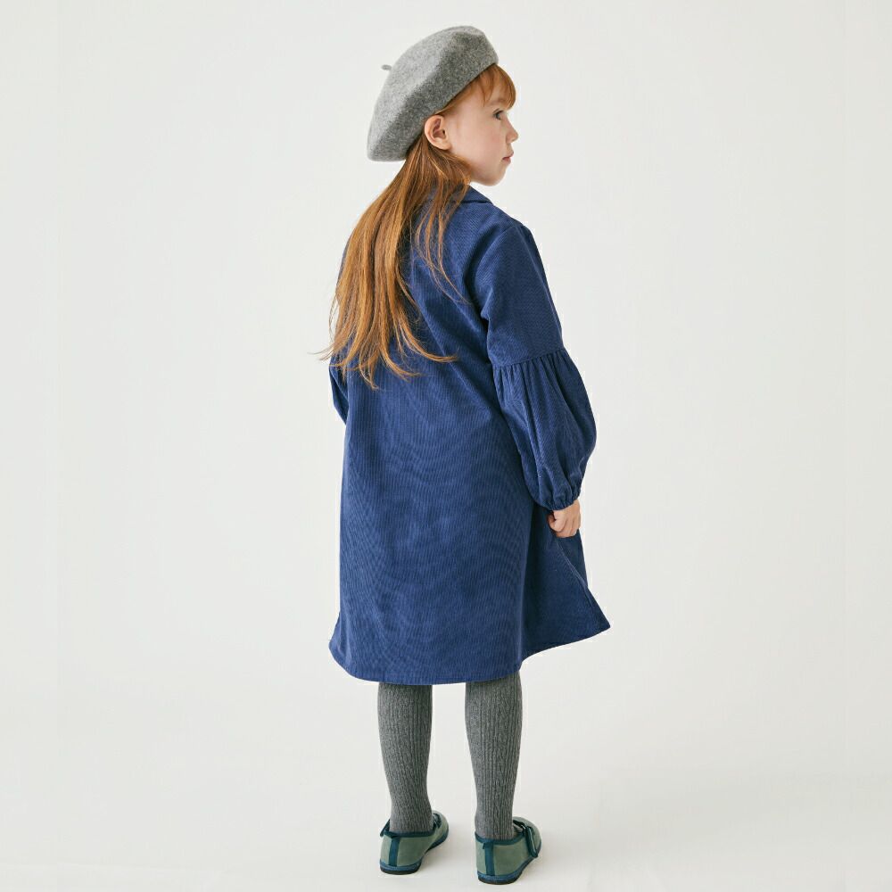 日本 evercloset - 甜美圓領燈芯絨澎澎長袖洋裝-炭灰