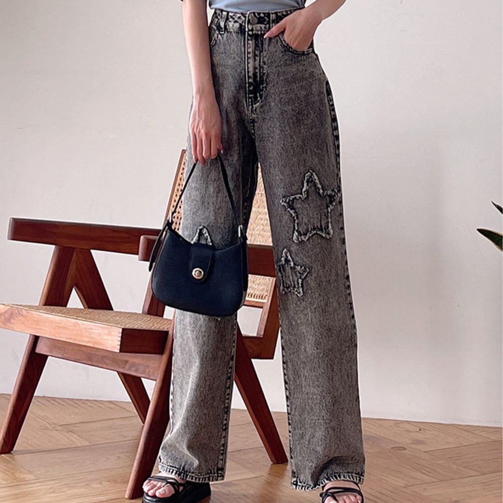 復古星星圖案刷色高腰丹寧褲-黑