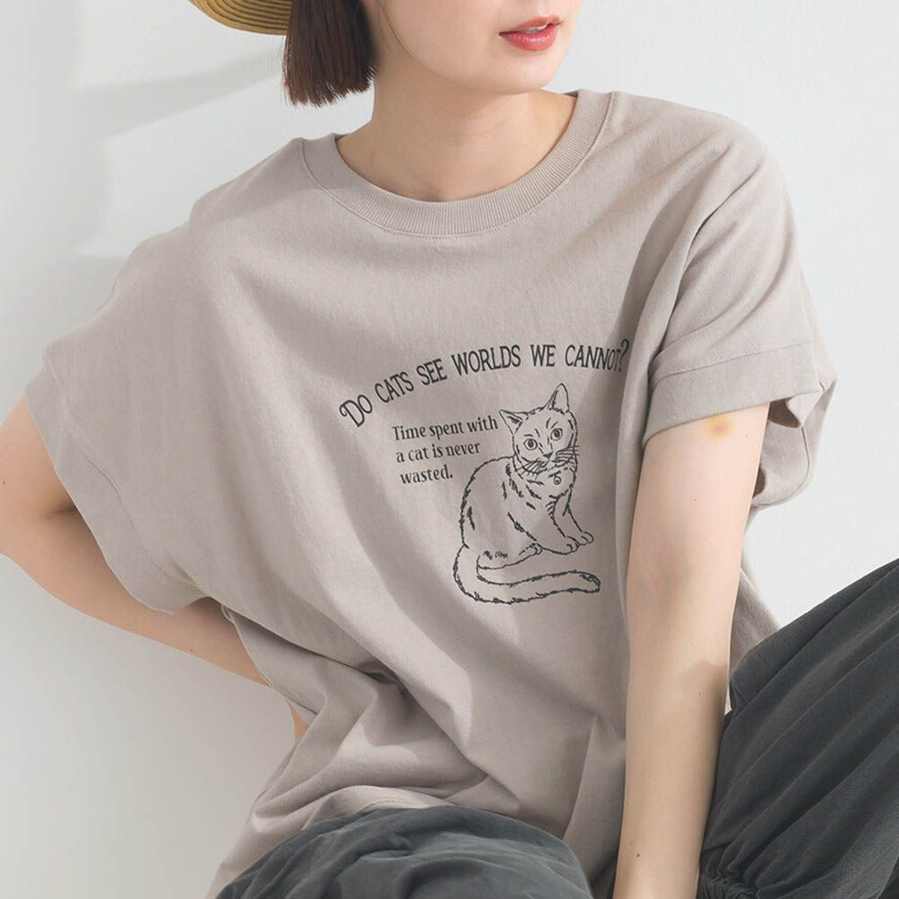 16OE天竺棉 貓咪印花短袖上衣-淺棕