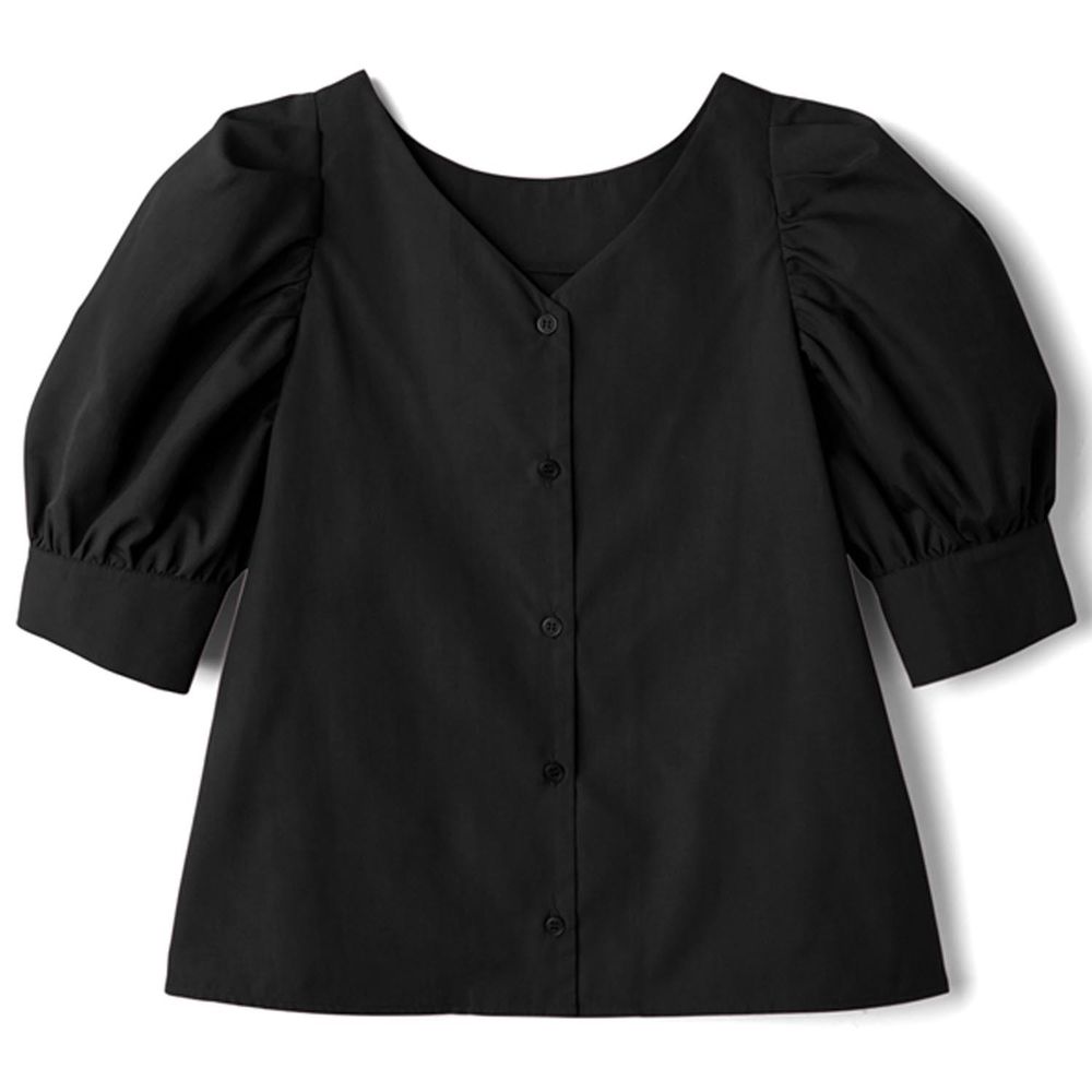 日本 GRL - 時尚V領抓皺五分袖排釦襯衫-黑