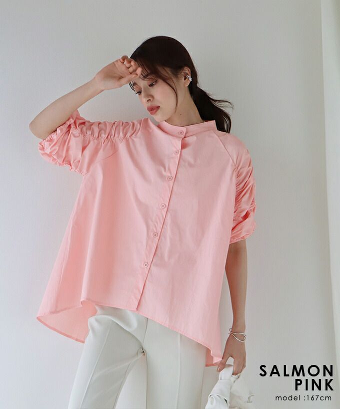 日本 BLUE EAST - 優雅小立領抓皺五分袖襯衫-水藍