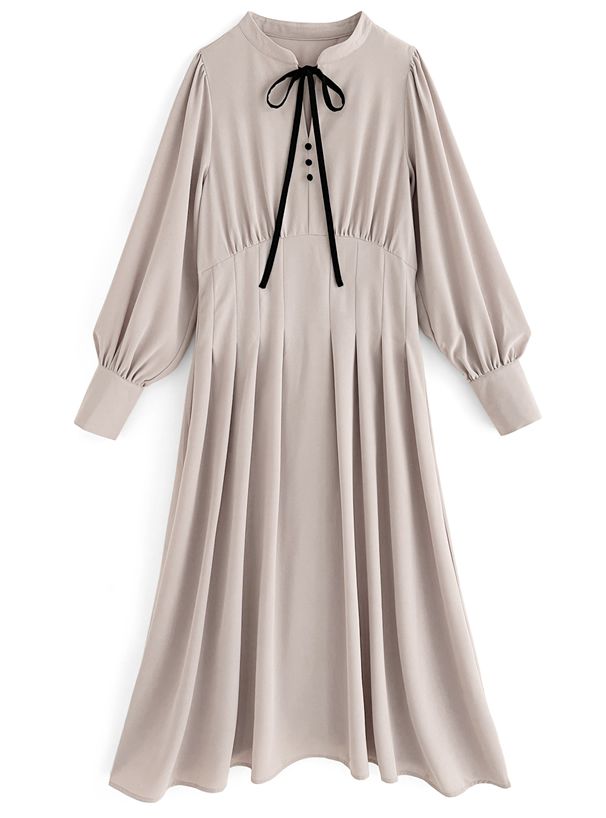 日本 GRL - 黑色下午茶紐結收腰洋裝-香檳粉