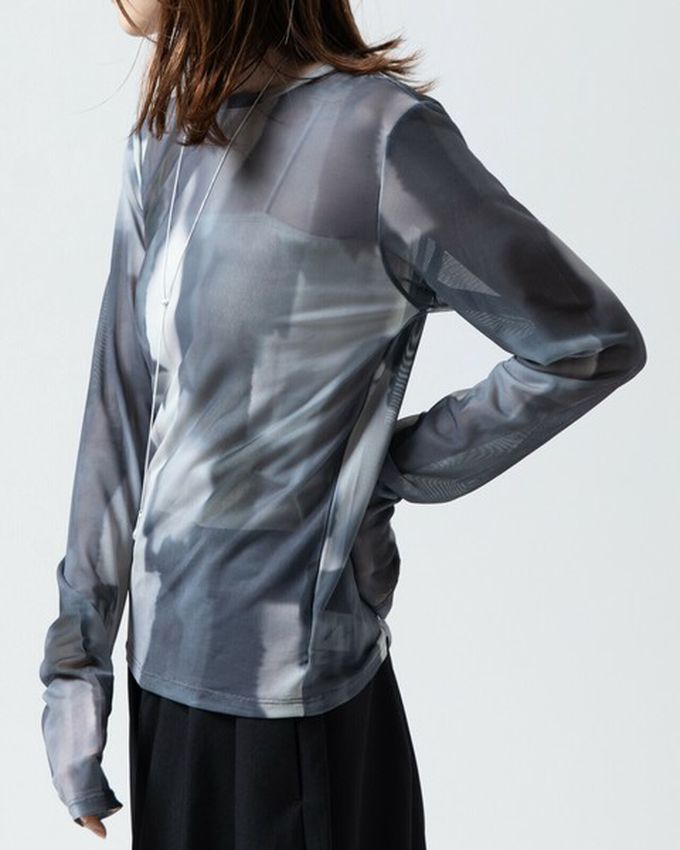 日本 gleam - 水彩畫風透膚休閒長袖上衣-水藍x綠系