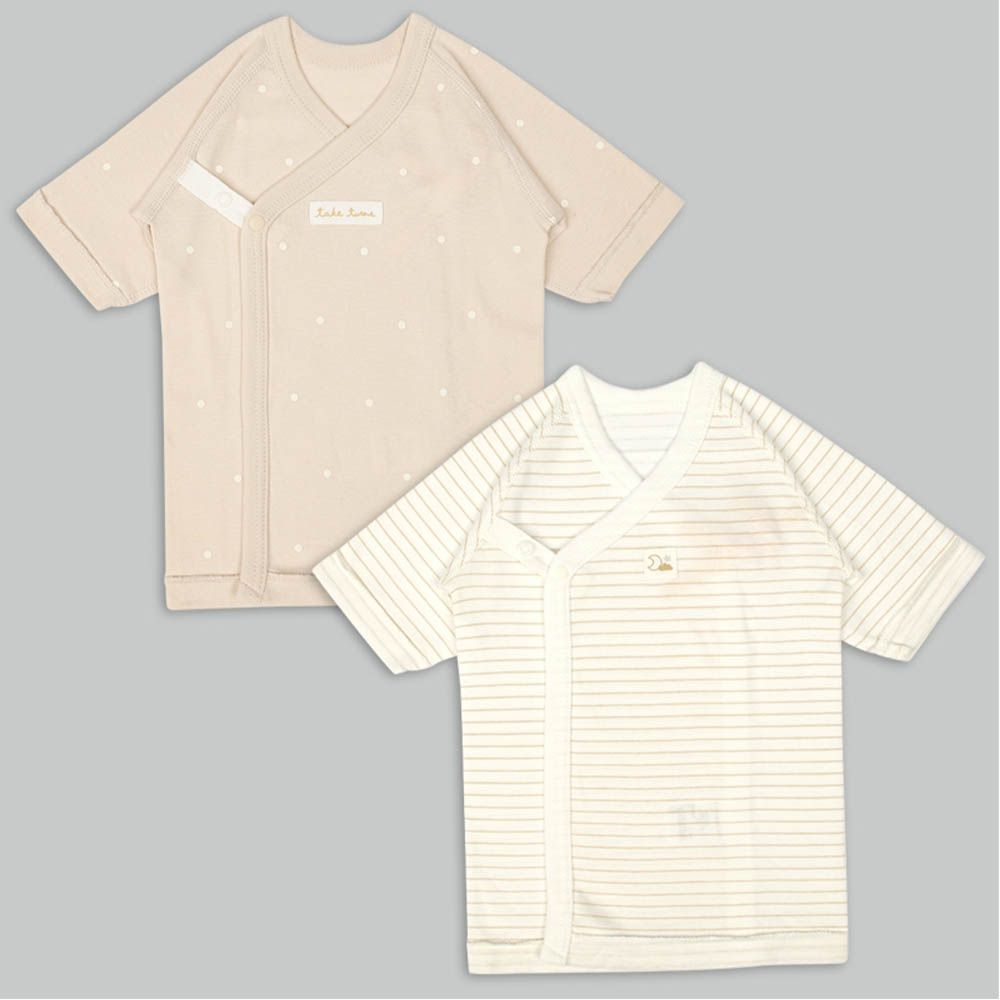 長袖肚衣2件組-點點 橫紋-淺卡其色 (50cm)