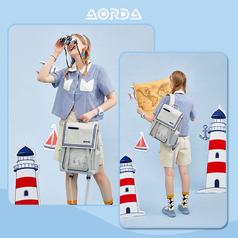 水手造型翻蓋書包-淺灰色 (28x38.5x15cm)