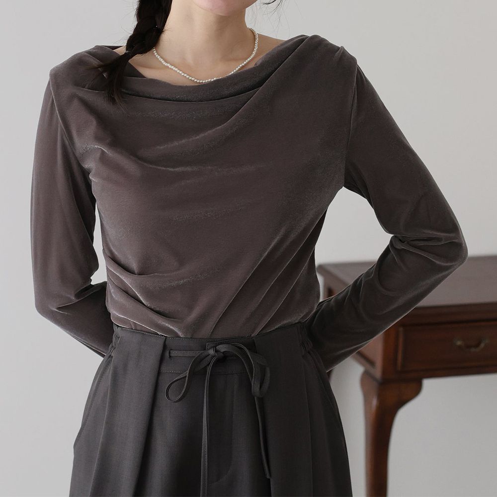 優雅絲絨垂墜感皺摺長袖上衣-灰摩卡 (M)