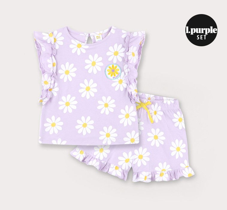 韓國 HEJMINI - 荷葉袖滿版雛菊套裝-紫