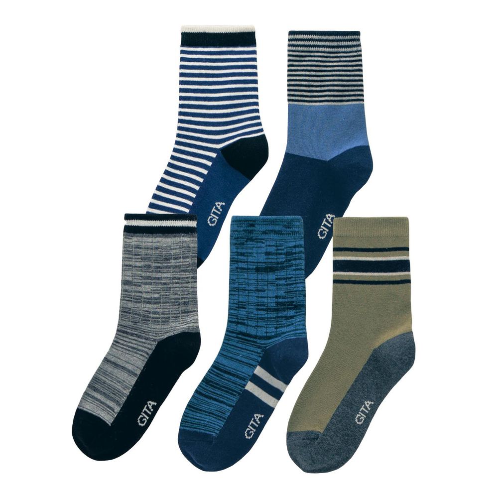 日本千趣會 - GITA 超值中筒襪五件組(鞋底深色設計)-條紋系列-藍卡其灰