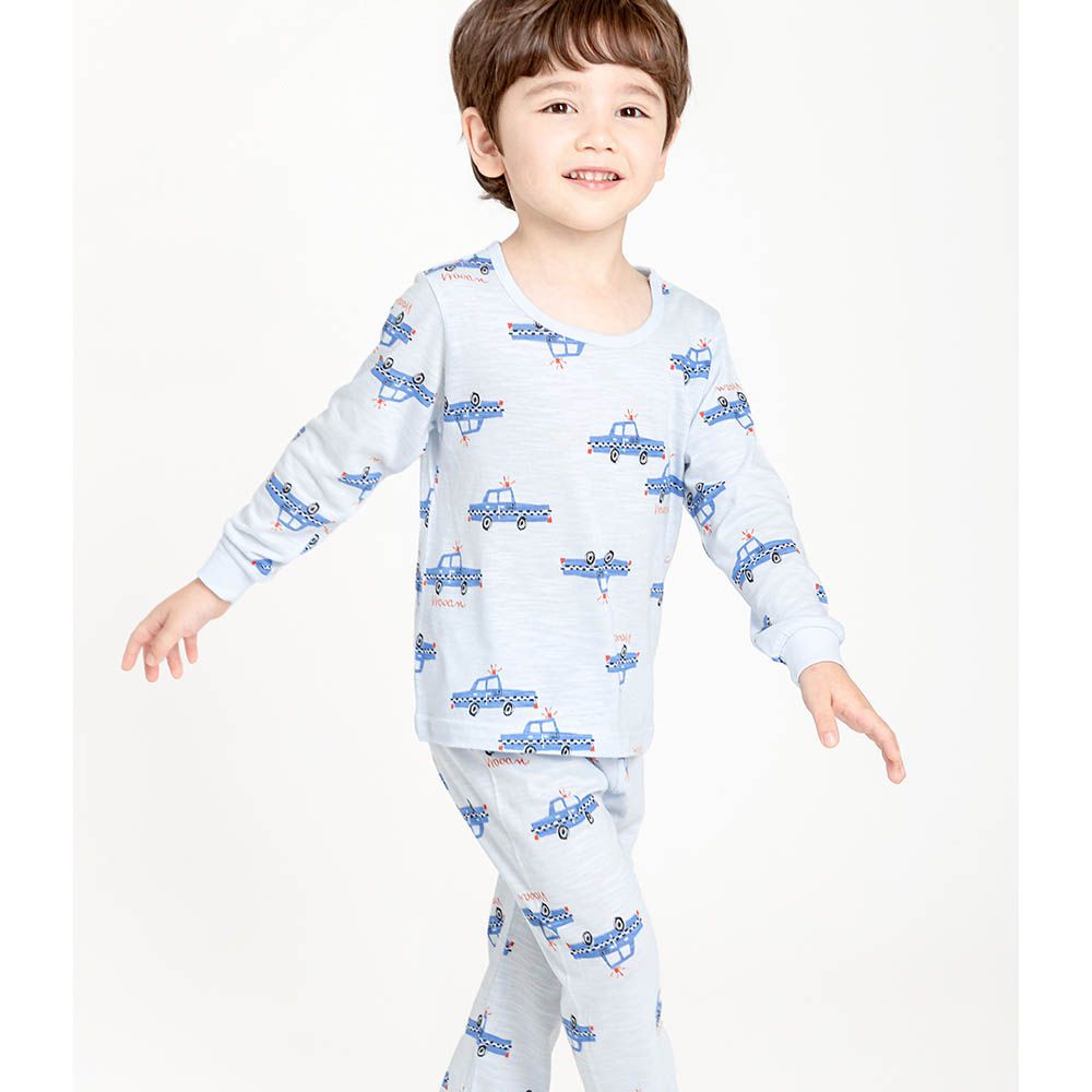 韓製輕柔莫代爾混棉薄長袖家居服-手繪警車-淡藍