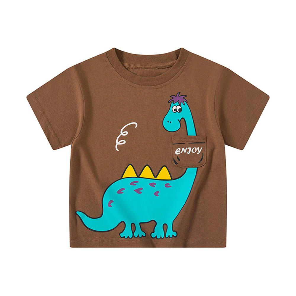 純棉短袖上衣-口袋恐龍-咖啡色