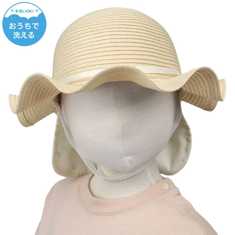 波浪邊帽 可洗可折疊-細緞帶蝴蝶結-淺卡其色