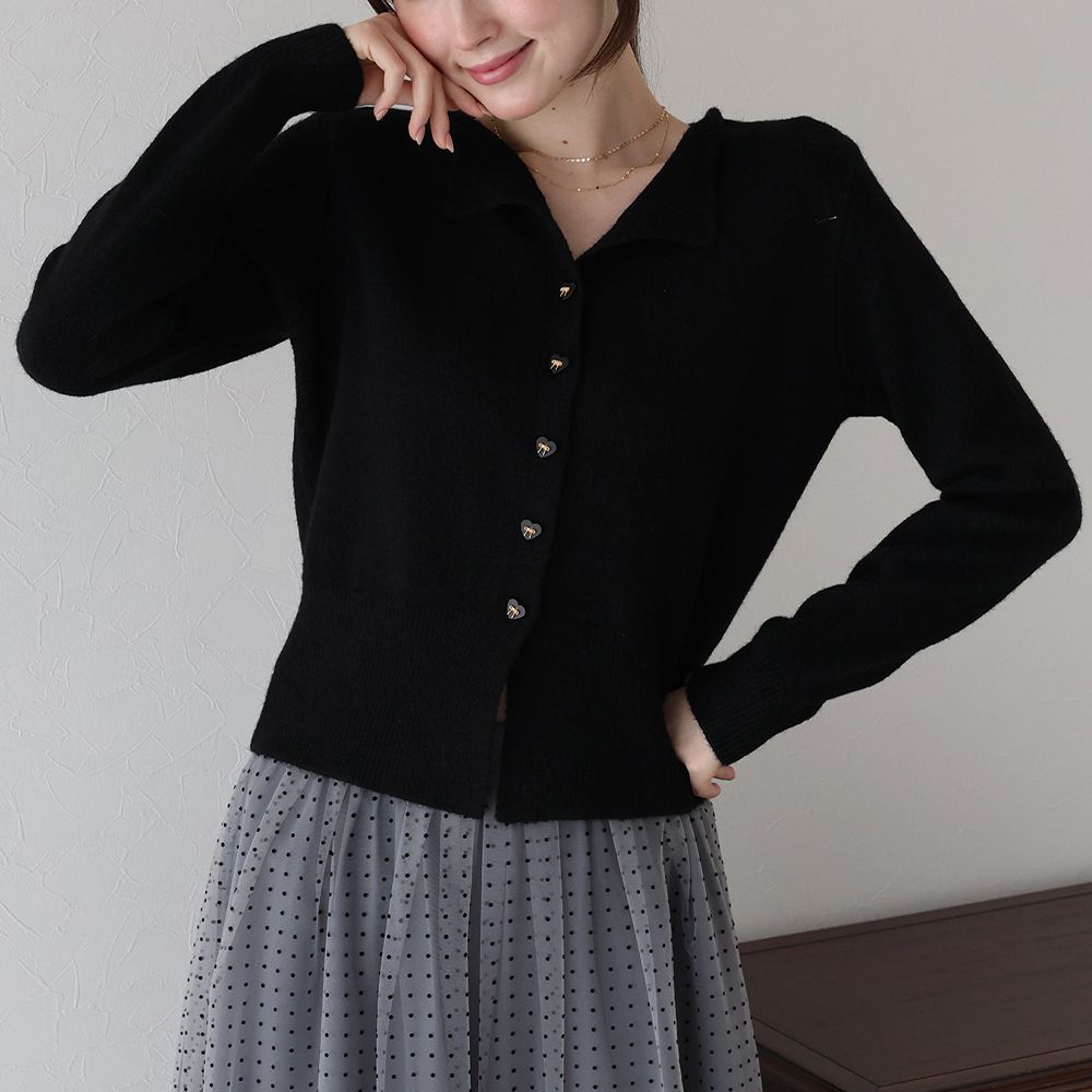 愛心蝴蝶結扣成熟甜美針織開襟衫-黑 (M)