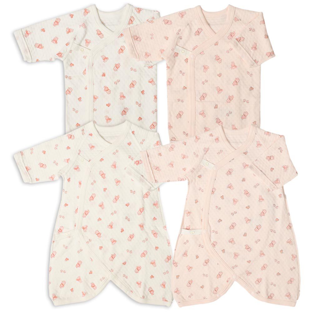 akachan honpo - 長袖新生兒內衣4件組-按扣款 保暖鋪棉 兔子-粉紅色 (50~60cm)