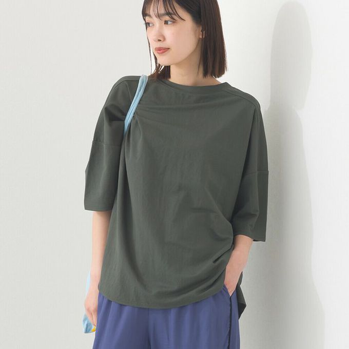 日本 OMNES - 接觸冷感 嫘縈寬版圓領五分袖上衣-海軍藍