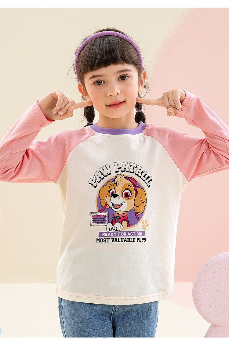 卡通汪汪隊棉質拼色圓領長袖上衣-卡通人物小礫-黃+白