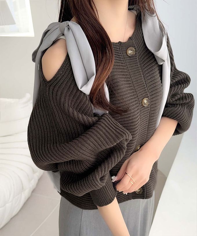 日本 Classical Elf - mily bilet 露肩甜美大蝴蝶結羅紋開襟衫-藕粉