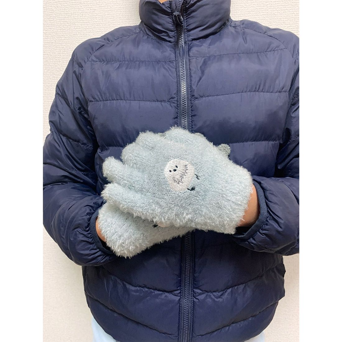 日本 TOMO - 兒童可觸控短絨保暖手套-長尾山雀-水藍