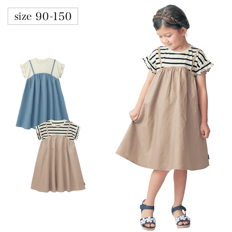 日本千趣會 - 假兩件吊帶棉麻透氣荷葉袖洋裝-條紋x卡其