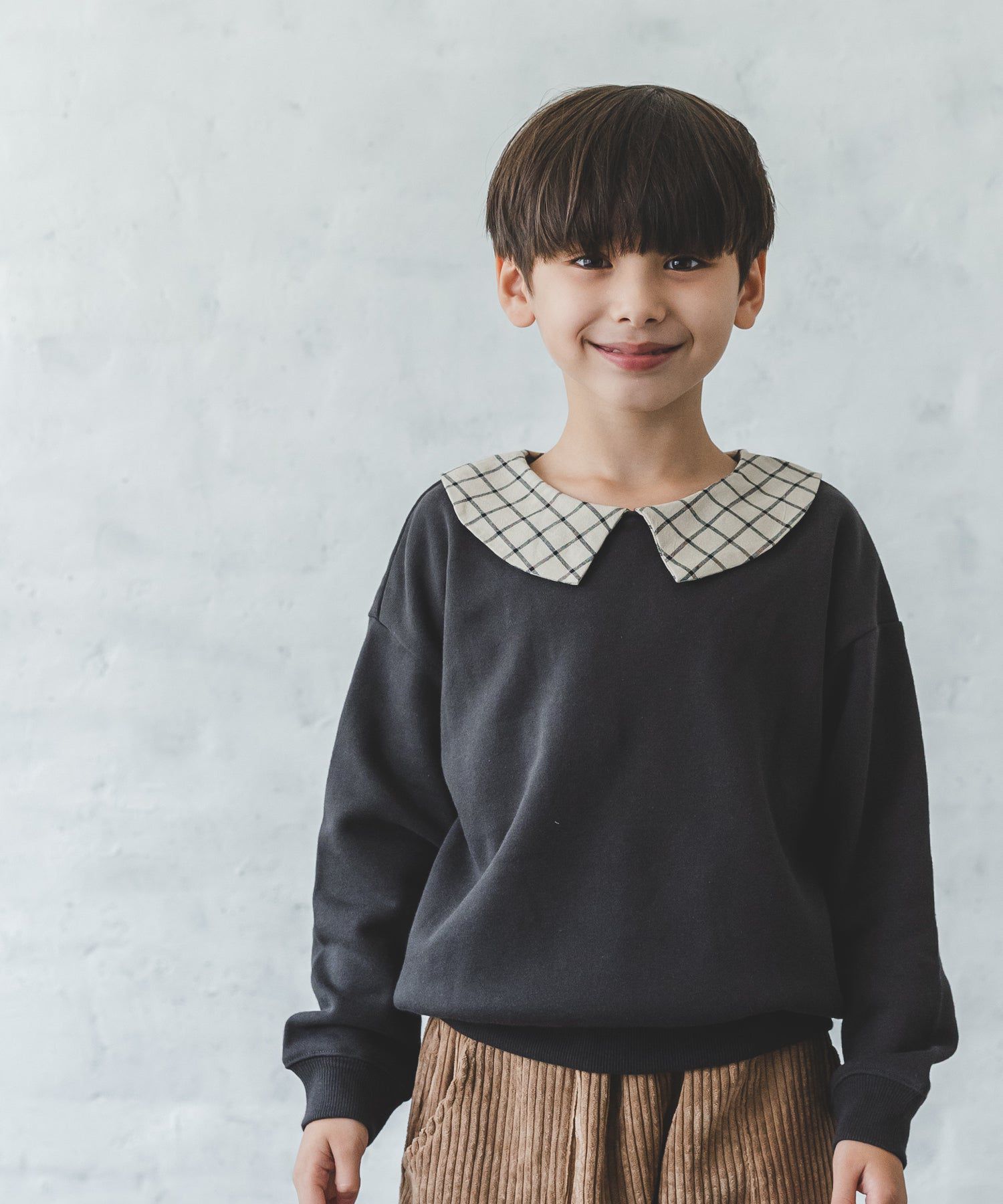 日本 PAIRMANON - 歐風翻領刷毛長袖上衣-碎花領-煙燻粉