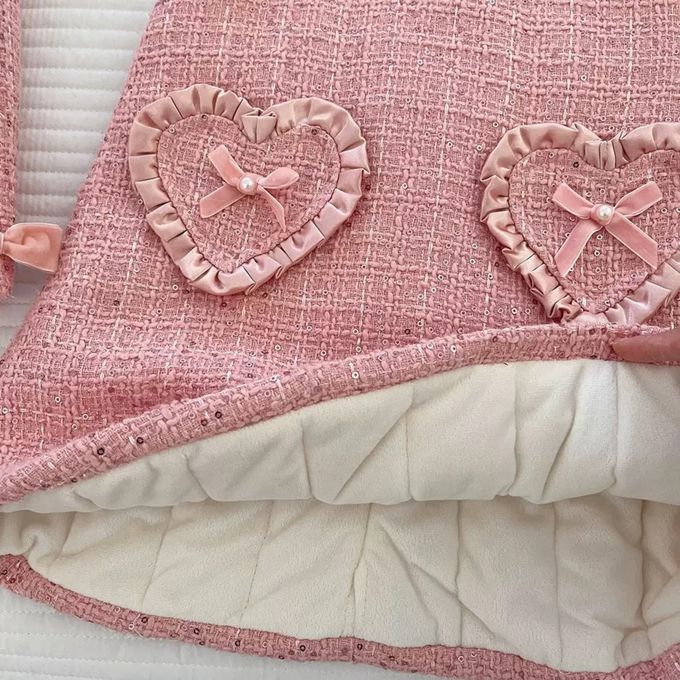 小香風愛心點綴粉色粗花呢外套&背心洋裝