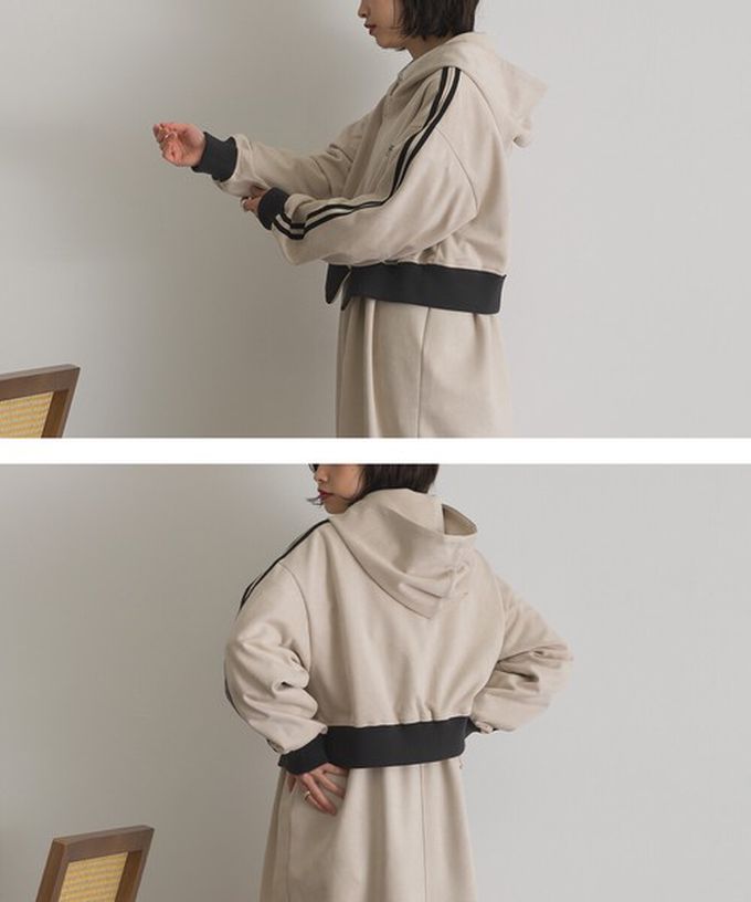 日本 ELENCARE DUE - 麂皮俐落雙拉鍊短版連帽外套-象牙x黑邊