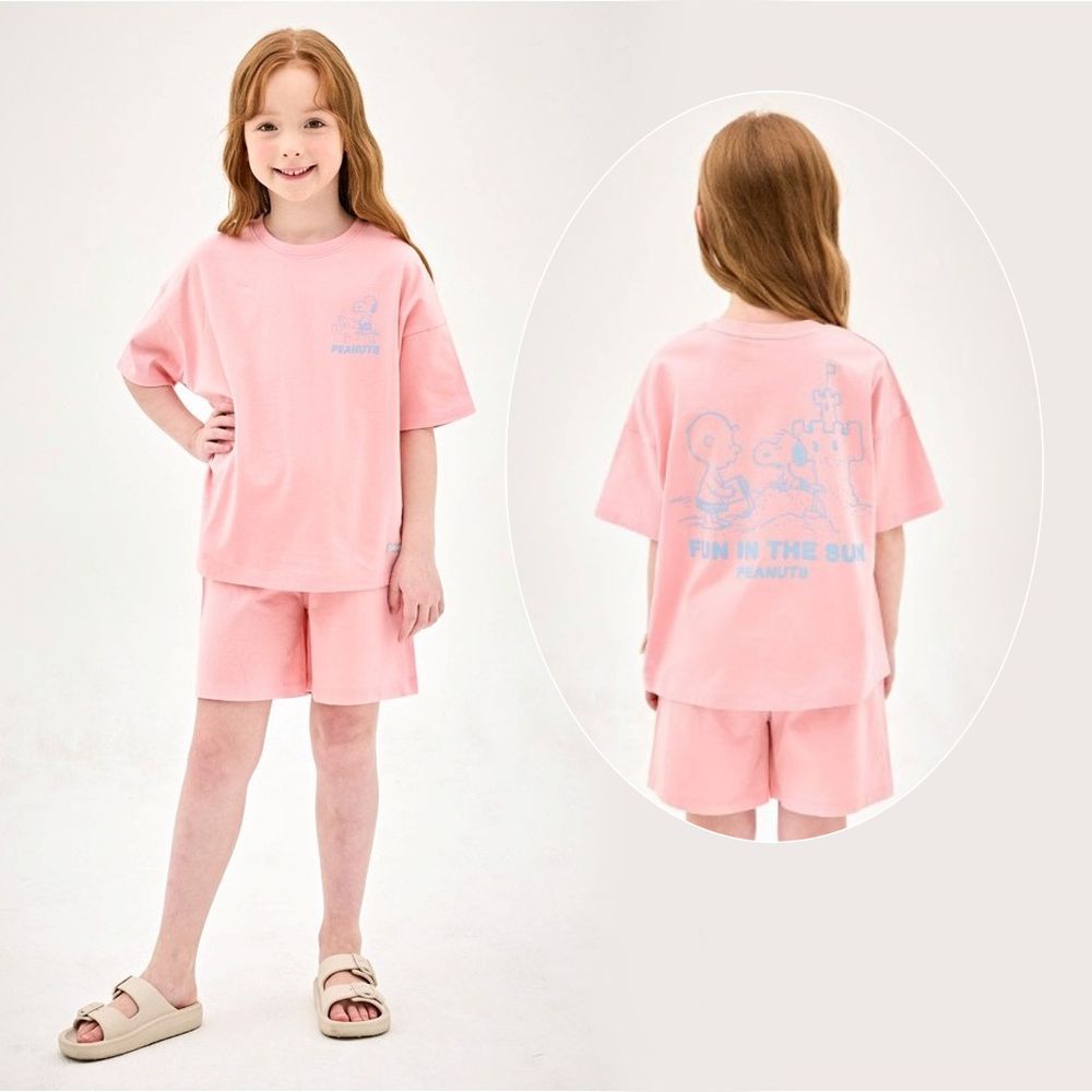 (聯名款)卡通人物史努比沙灘城堡短袖套裝-粉