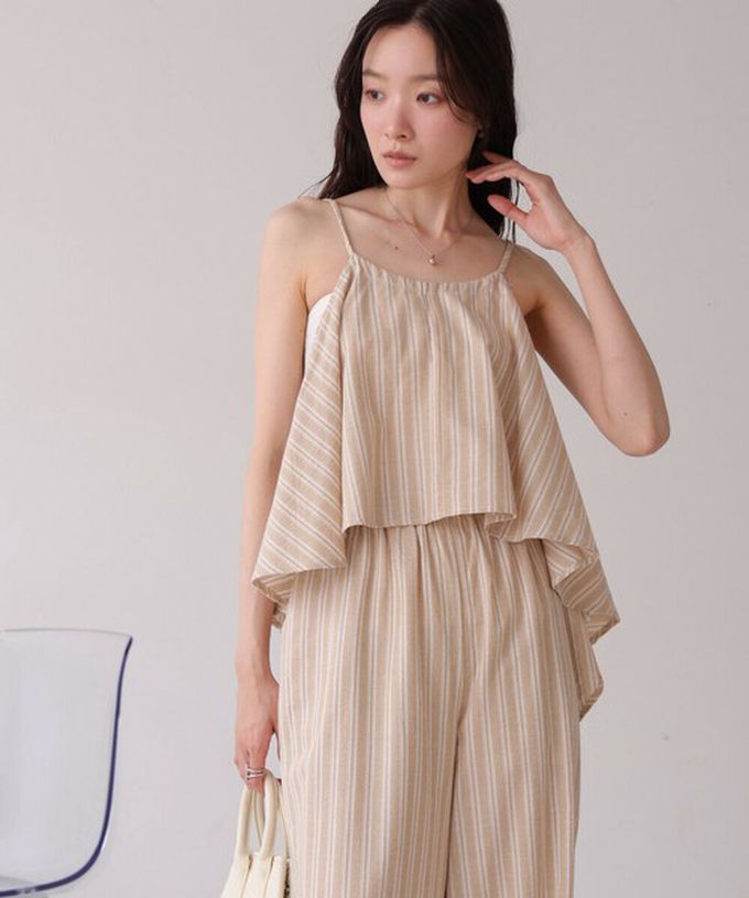 日本 Bab - 簡潔舒適混棉細肩帶長褲套裝-條紋-卡其杏 (M)