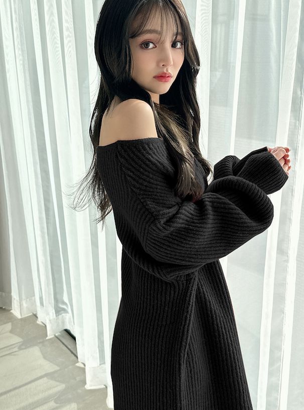 日本 GRL - 大圓領露肩針織短版洋裝-可可棕 (F)