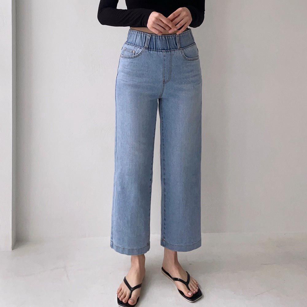韓國女裝連線 - 彈性腰小腹收收牛仔寬褲-淺藍