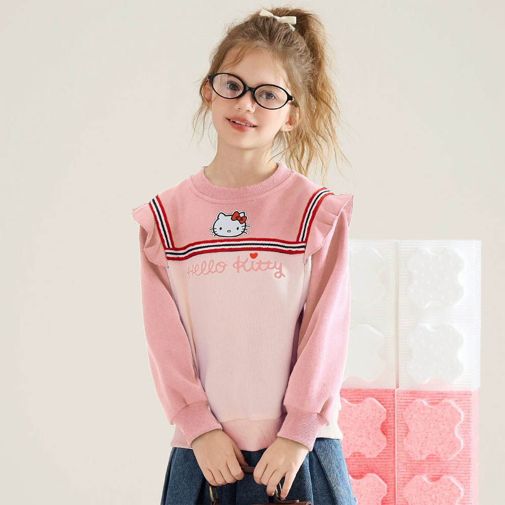 荷葉邊拼接長袖上衣/大學T-卡通人物Hello Kitty-粉色