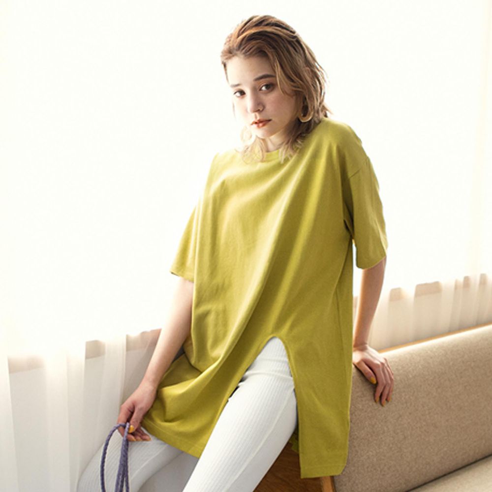 日本 GRL - 純棉簡約開衩長版短袖上衣-黃綠