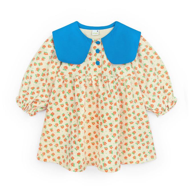 韓國 Pimpollo - 滿版花紋撞色翻領連身洋裝-藍