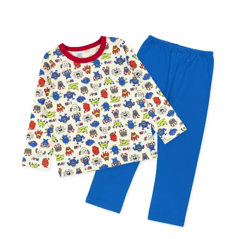 100%棉 四季款長袖睡衣/家居服套裝-彩色小怪獸-藍