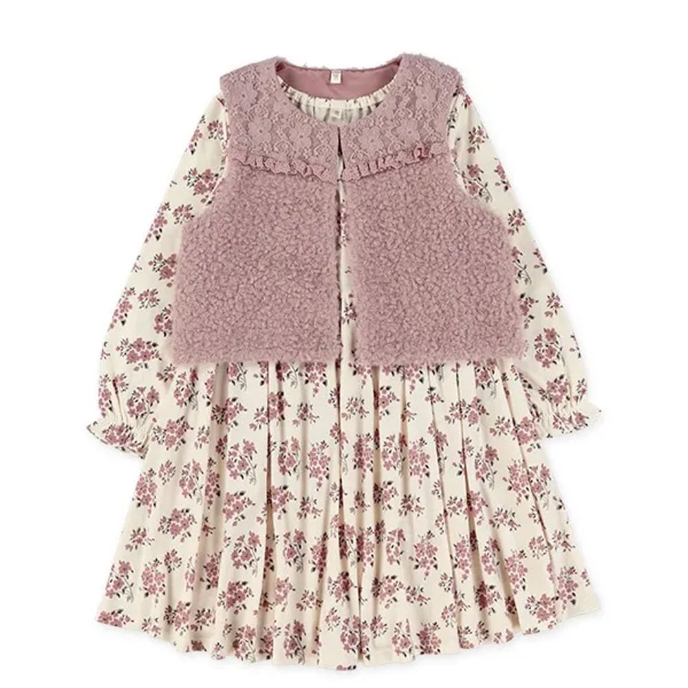 毛毛背心浪漫碎花長袖洋裝(兩件式)-米白X粉紅