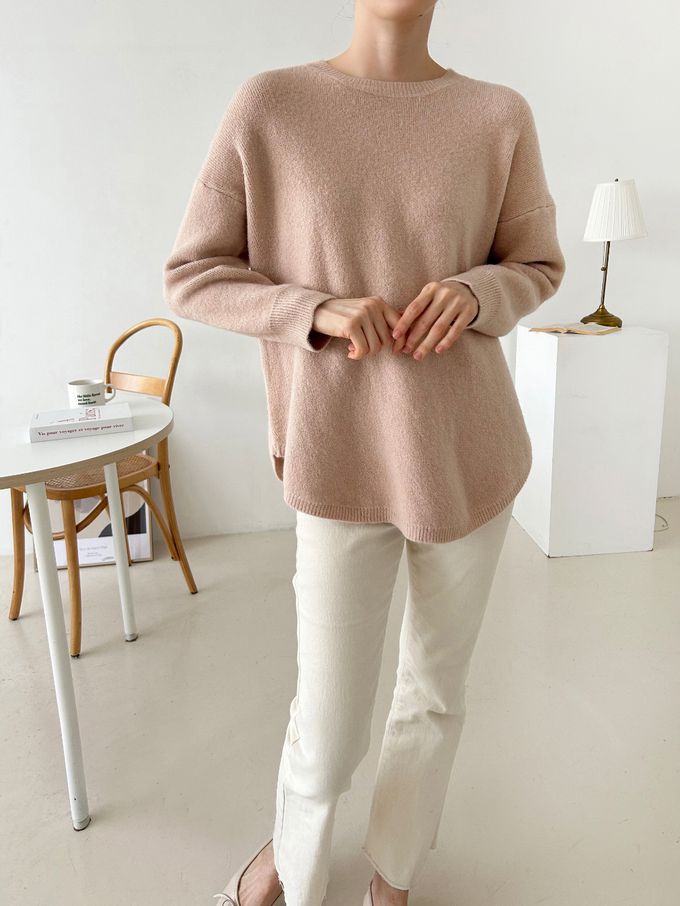 韓國女裝連線 - 極簡針織弧形下擺上衣-淺粉 (FREE)