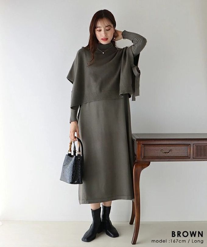 日本 BLUE EAST - [經典款]氣質針織斗篷綁帶長袖洋裝2件組-黑x杏