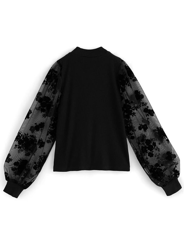 日本 GRL - 花刺繡薄紗拼接圓領上衣-黑 (F)
