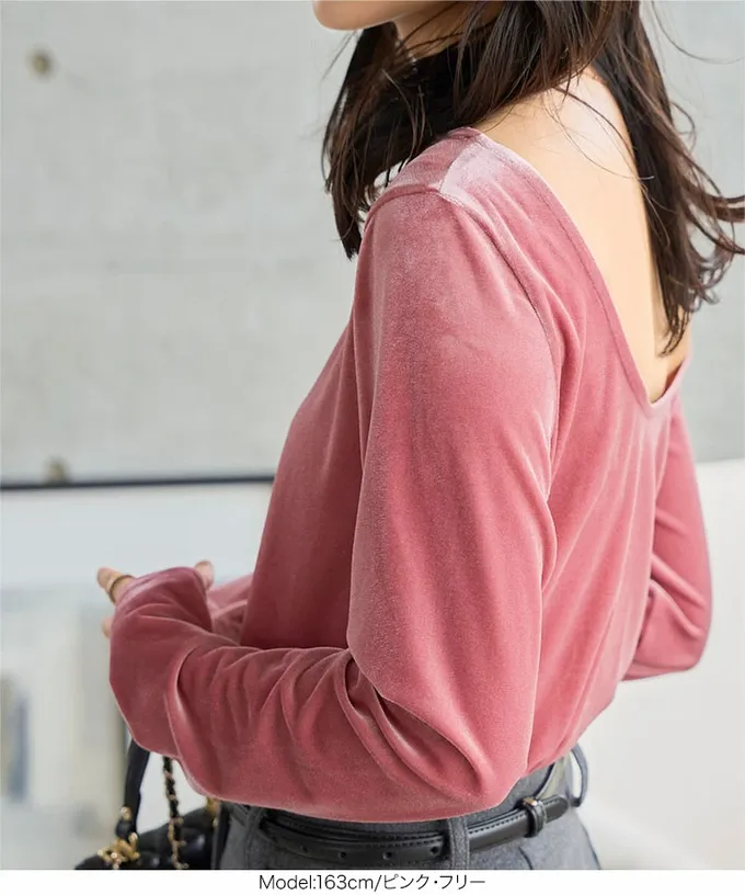 日本 Kobe Lettuce - 華麗天鵝絨露背合身長袖上衣-象牙