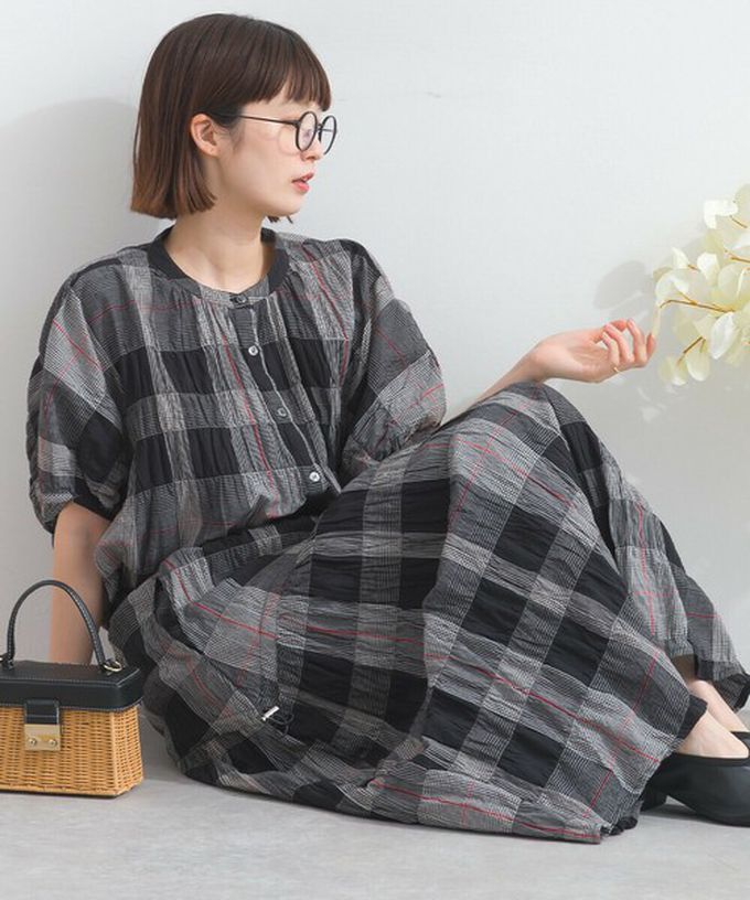 日本 Lupilien - 印度棉 皺皺文青格紋側抽繩長裙-米杏