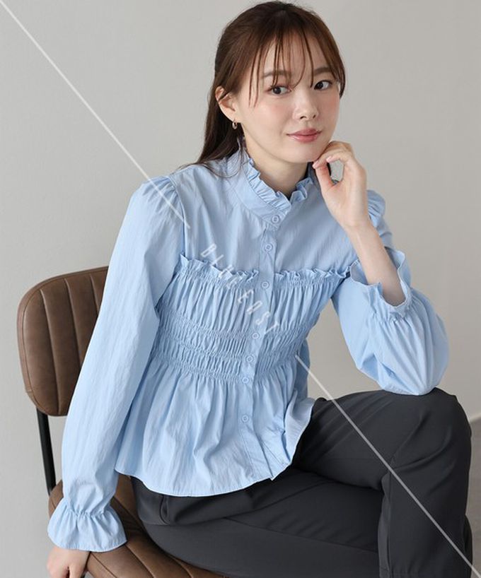 日本 BLUE EAST - 小立領荷葉皺摺束腰長袖襯衫-白