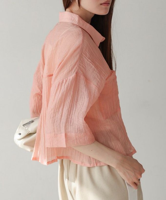 日本 Bab - 透膚感清爽短版五分袖襯衫-粉紅 (M)