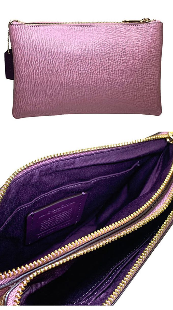 COACH - 滿版LOGO雙層拉鍊斜背包 (卡其紫)