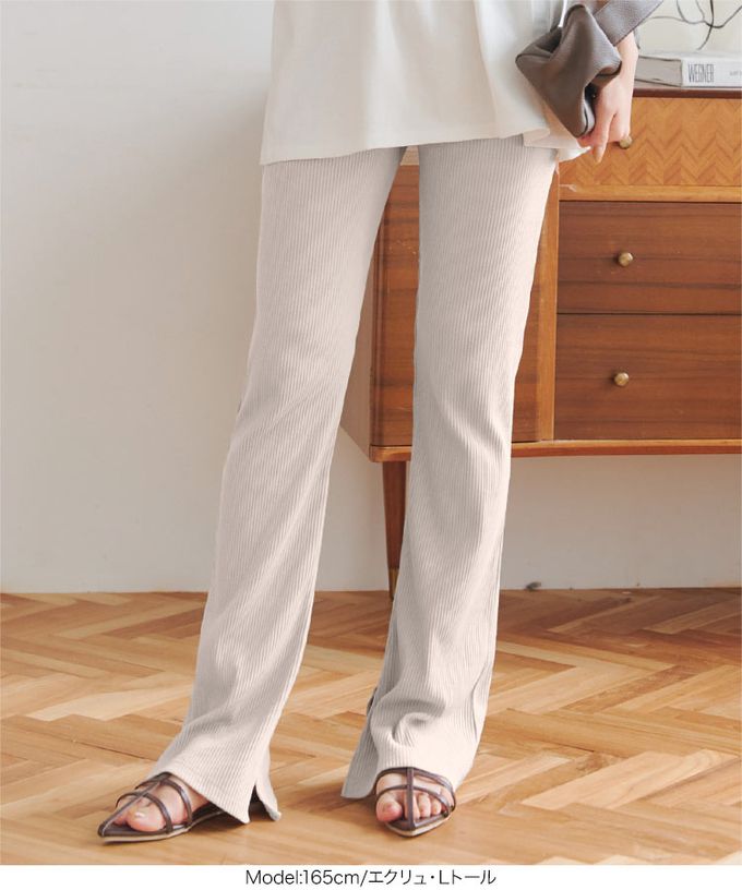 日本 Kobe Lettuce - 舒適細坑條美腿開叉喇叭褲-(可選長度)-奶油杏