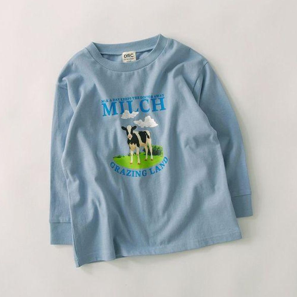 100%棉 美味季節印花長袖上衣-乳牛-水藍