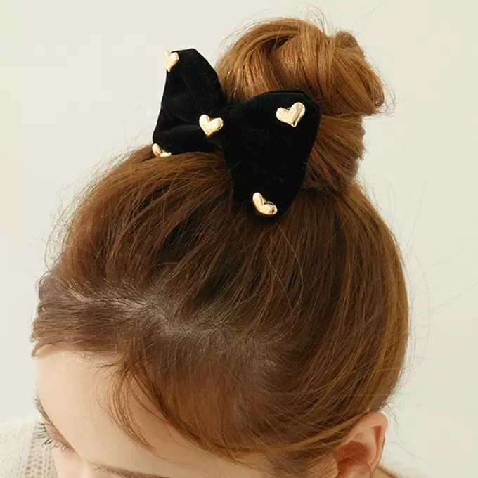 韓國 Soo&Soo - 天鵝絨蝶結裝飾髮夾-小愛心